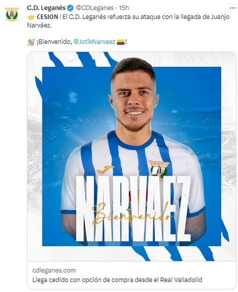 Leganés hizo oficial la llegada de Juanjo Narváez en su cuenta de Twitter.