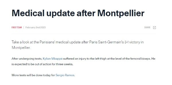 Parte médico de PSG con la lesión de Mbappé (PSG web oficial)