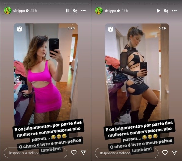 Samara Felippo é criticada por fotos sensuais e rebate: “Choro é livre&quot;. Imagens: Reprodução/Stories Instagram oficial da atriz.