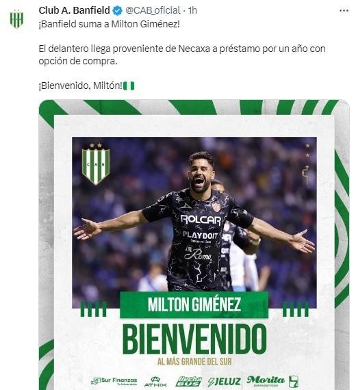 Banfield presentó a Milton Giménez. (@CAB_Oficial)