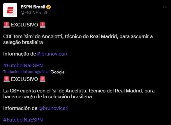 Ancelotti le habría dado el sí a Brasil, según ESPN Brasil.