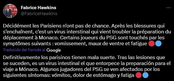 Un virus afecta al primer equipo de PSG (Twitter @FabriceHawkins)