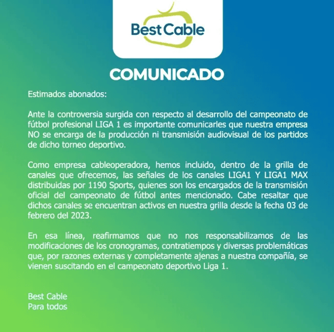 Best Cable Lanza Un Fuerte Comunicado Referente A Las Transmisiones De Los Partidos De La Liga 1