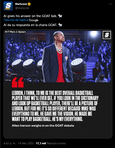 Allen Iverson sobre el GOAT de la NBA (Foto: Twitter / @theScore)