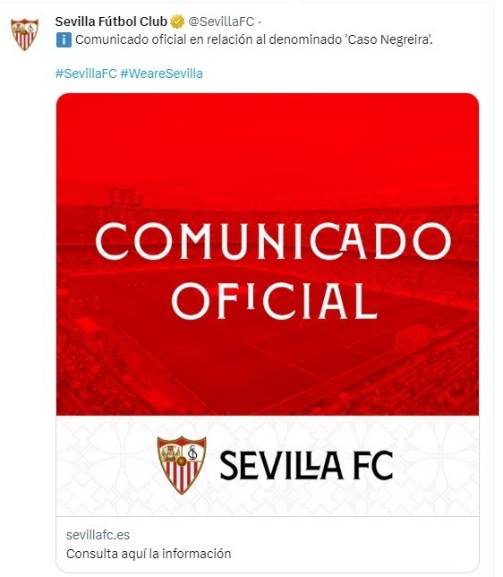 Sevilla difundió el comunicado en sus redes sociales.