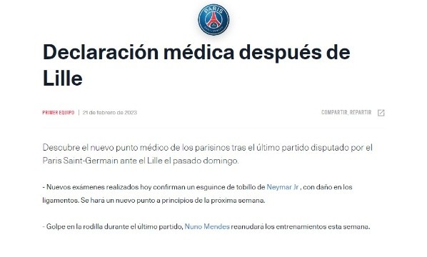 Parte médico de PSG. PSG.com.