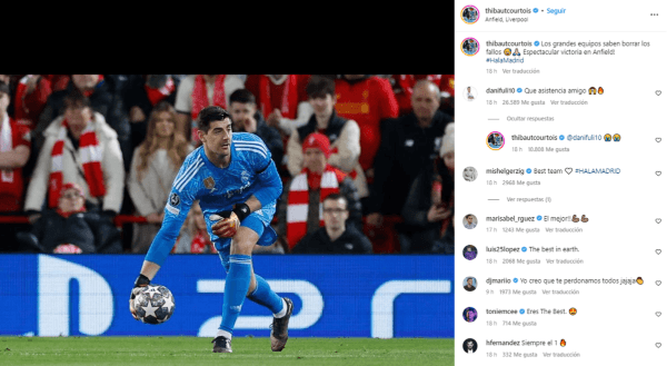 Publicación de Courtois en redes sociales y comentario de Ceballos. Instagram.