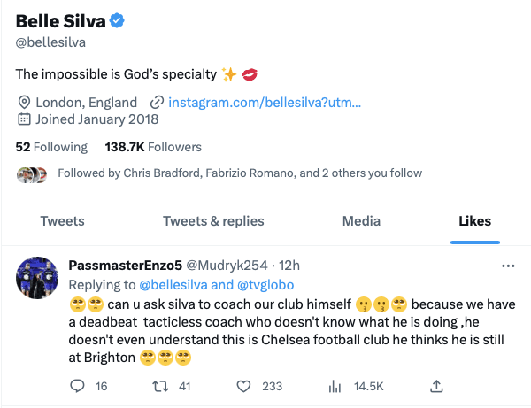 What does Thiago Silva&#039;s wife think of Chelsea manager Graham Potter. (Twitter)