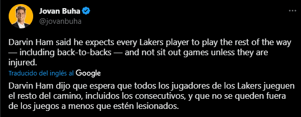 Entrenador de Lakers no dará juegos de descanso a sus jugadores (Foto: Twitter / @jovanbuha)