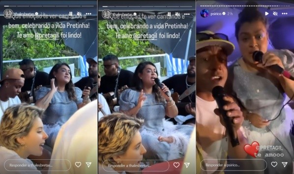 Preta Gil solta a voz para amigos no Carnaval: “Que emoção”. Imagens: Reprodução/Stories Instagram oficial Thales Bretas / Psirico.