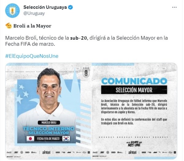 Broli en su anuncio con Uruguay. Twitter: Uruguay.