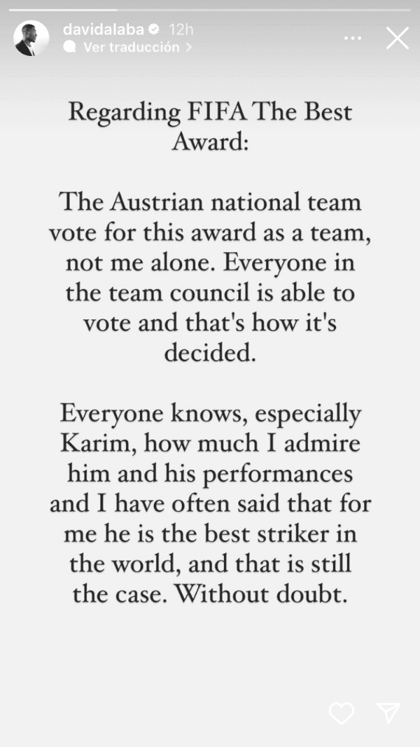 Alaba explicó en Instagram su voto por Messi en The Best | Instagram David Alaba