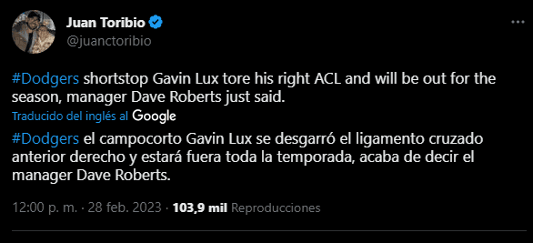La lesión de Gavin Lux en los Dodgers (Foto: Twitter / @juanctoribio)
