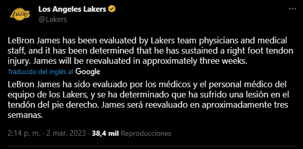 Lakers confirmó la lesión de LeBron (Foto: Twitter / @Lakers)