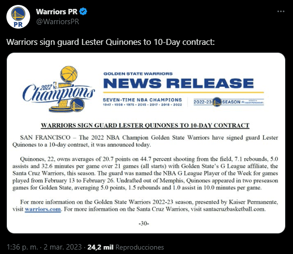 Warriors firmó a Lester Quiñones (Foto: Twitter / @WarriorsPR)