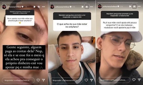 Filho de Urach rebate críticas por perfil em plataforma: “Não é crime”. Imagens: Reprodução/Stories Instagram oficial Arthur Urach.