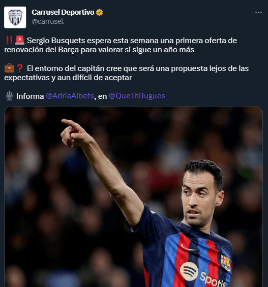 Busquets ya espera la primera oferta de Barcelona (Twitter @carrusel)