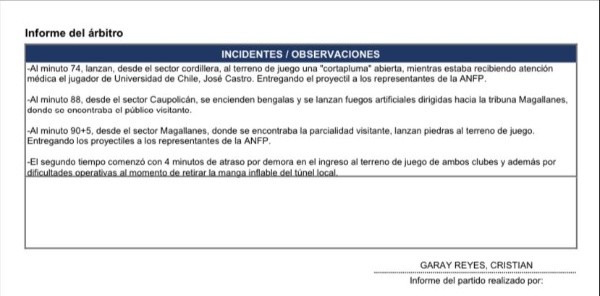 El reporte de los incidentes por parte del juez del partido | Foto: ANFP El reporte de los incidentes por parte del juez del partido | Foto: ANFP