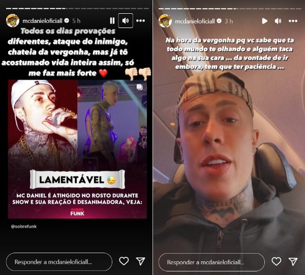 MC Daniel é agredido durante show e desabafa: “Vontade de ir embora”. Imagens: Reprodução/Stories Instagram oficial do cantor.