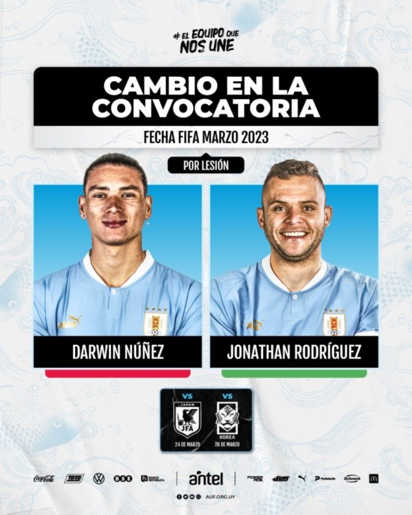 Jonathan Rodríguez reemplaza a Darwin Núñez en Uruguay (Twitter @Uruguay)