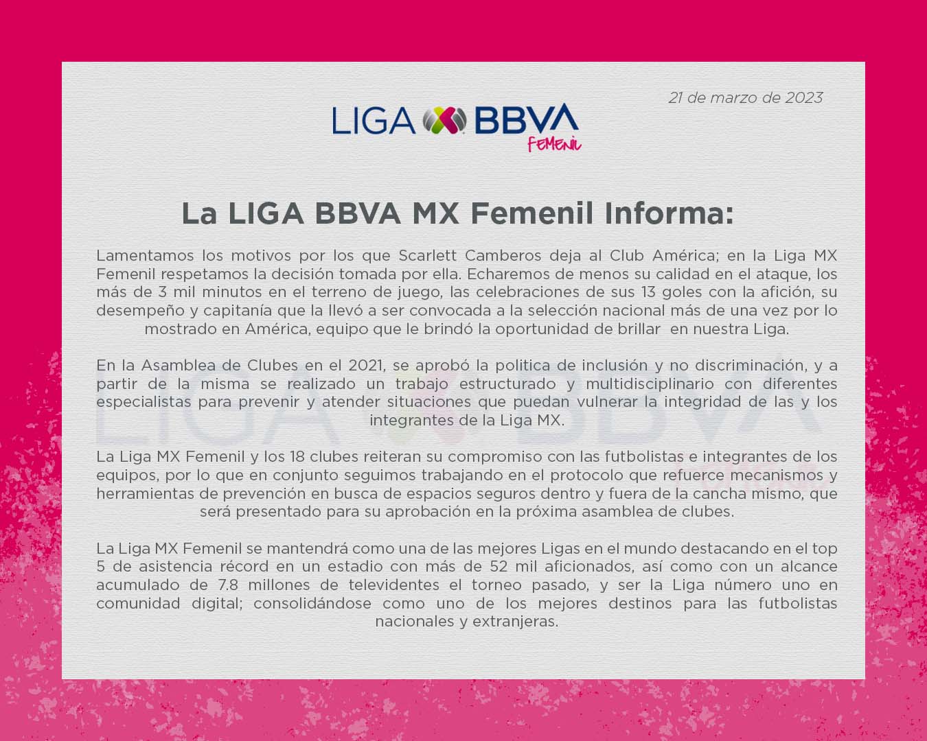Comunicado oficial de la Liga MX Femenil.