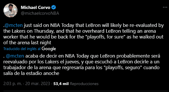 LeBron regresaría solo hasta Playoffs (Twitter / @michaelcorvoNBA)