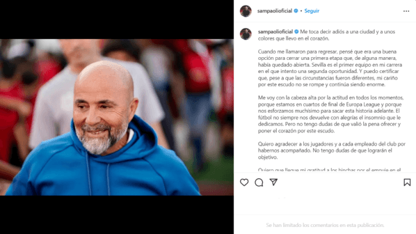 La carta de Jorge Sampaoli en Instagram.