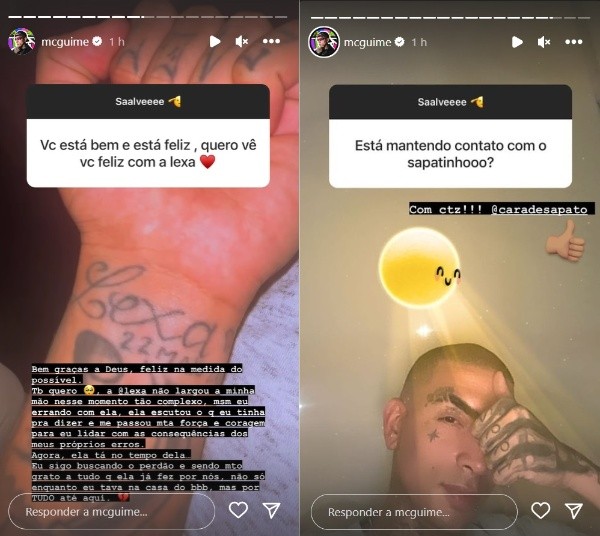 MC Guimê revela apoio de Lexa após polêmicas no BBB 23:  “Não largou a minha mão”. Imagens: Reprodução/Stories Instagram oficial do cantor.