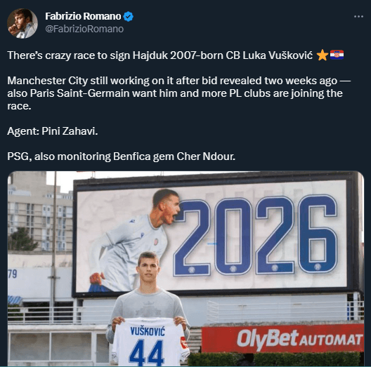 Luka Vuskovic, entre Manchester City y PSG (Twitter @FabrizioRomano)