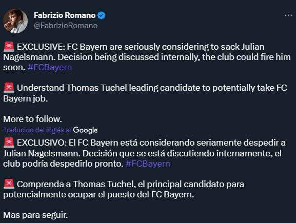 Fabrizio Romano reveló que Nagelsmann sería despedido del Bayern (Twitter @FabrizioRomano)