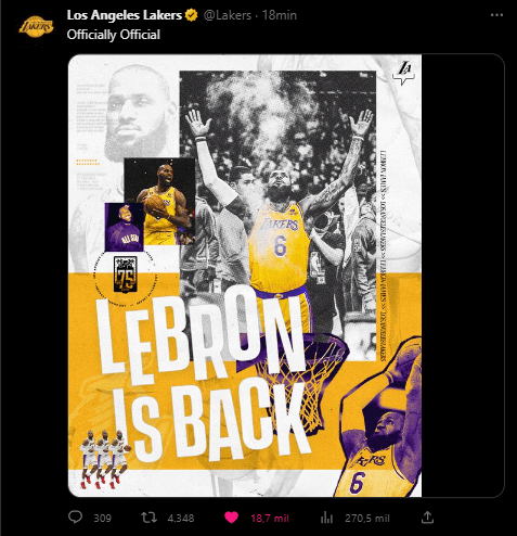 LeBron regresa a Lakers (Foto: Twitter / @lakers)