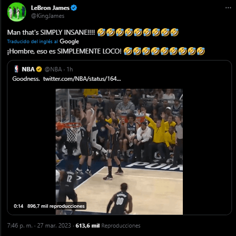 Reacción de LeBron a jugada de Doncic (Foto: Twitter / @kingjames)