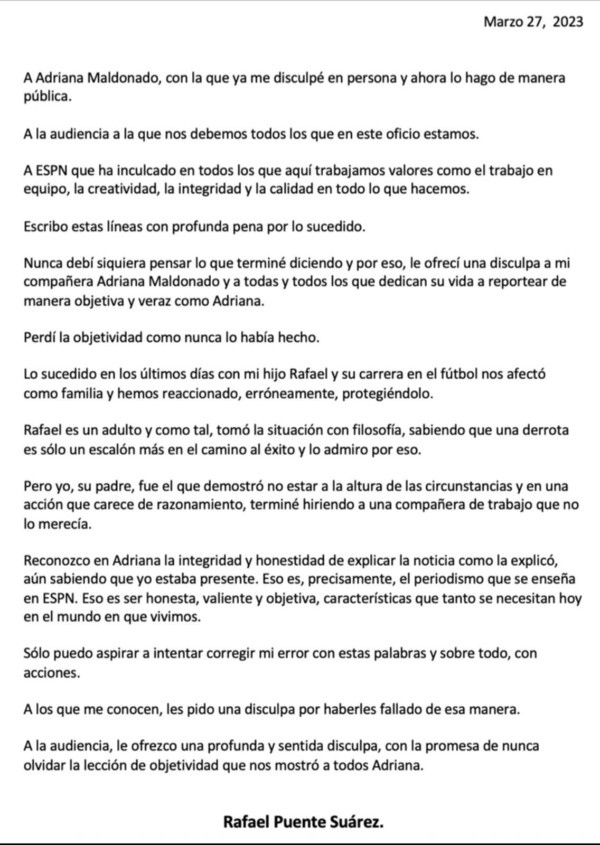 Carta de Rafael Puente a Adriana Maldonado (Twitter)