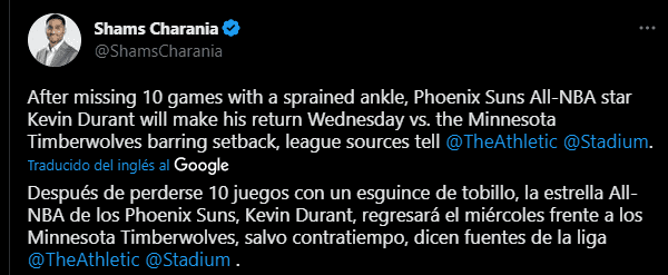 Kevin Durant regresará en Suns vs. Timberwolves (Foto: Twitter / @ShamsCharania)