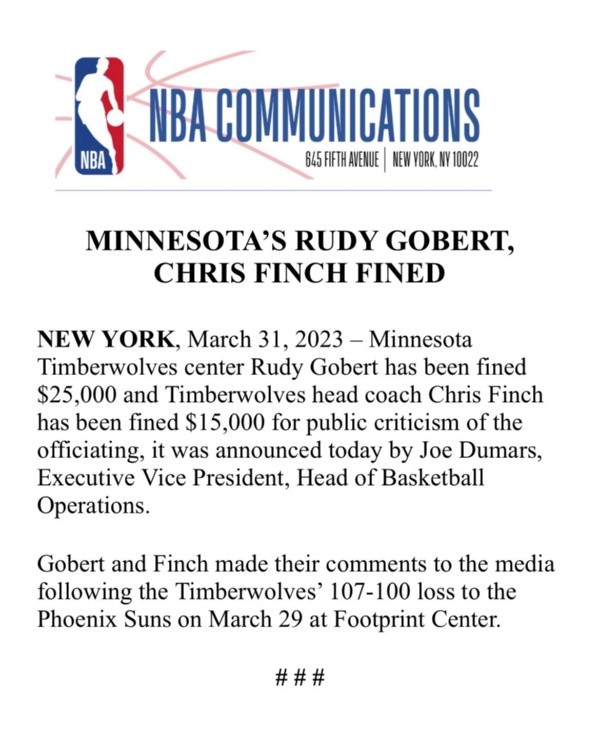 El comunicado oficial por el castigo a Rudy Gobert (@NBA)