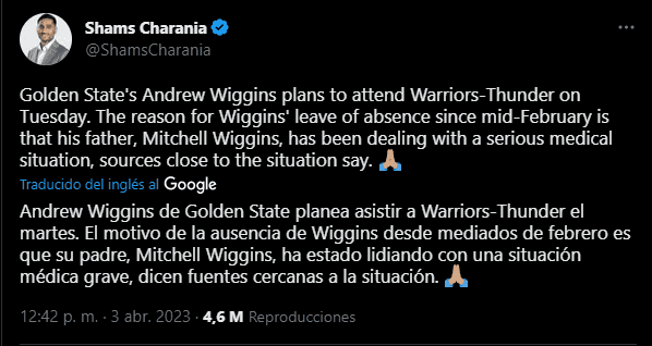 La razón de la ausencia de Wiggins (Foto: Twitter / @ShamsCharania)