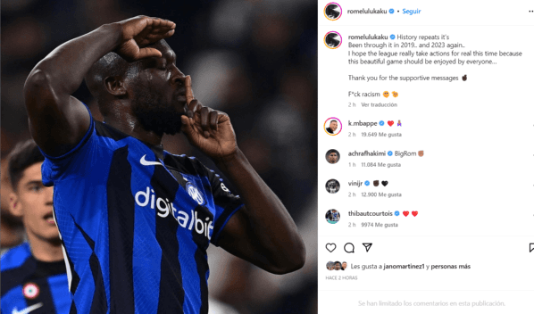 La publicación de Romelu Lukaku sobre el funesto episodio que sufrió en Juventus vs. Inter