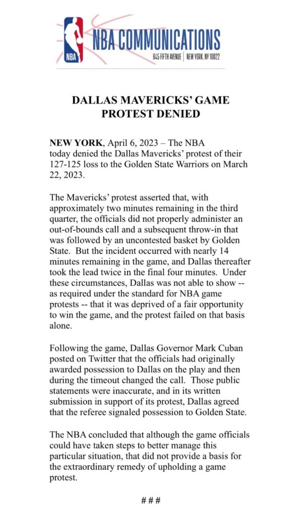 Decisión sobre protesta de Mavericks (Foto: Twitter / @NBAPR)