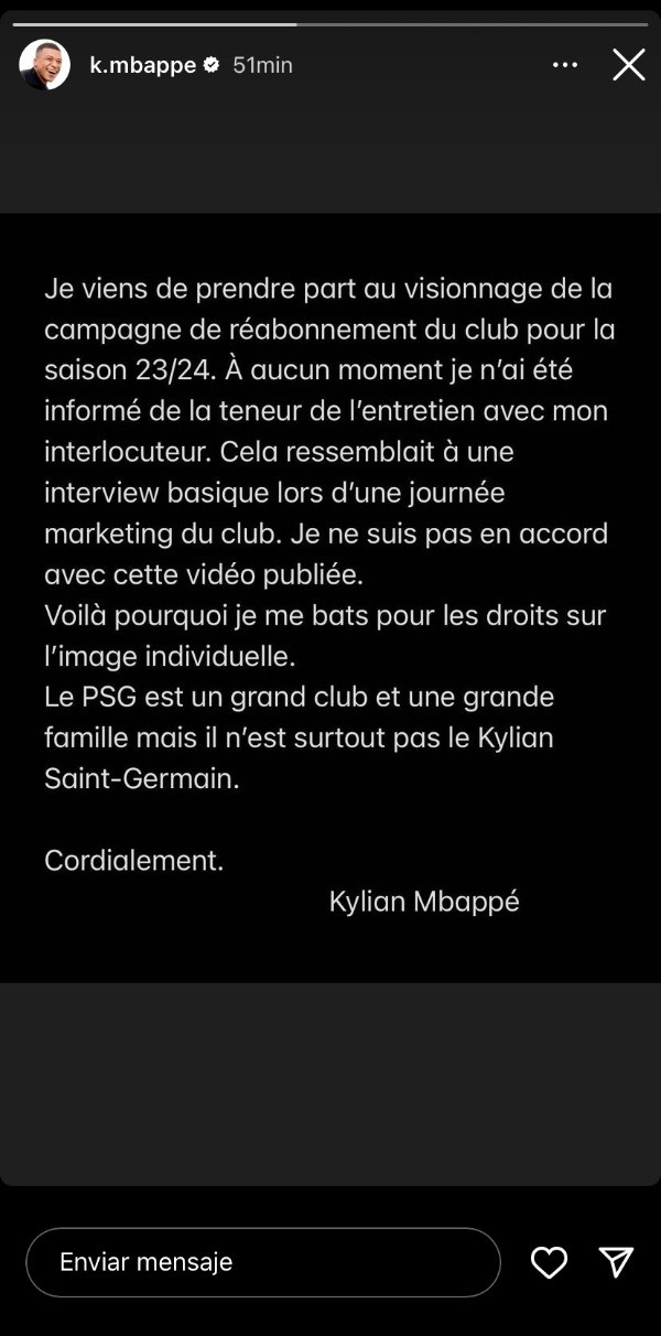 Kylian Mbappé y la dura carta que publicó en su Instagram.