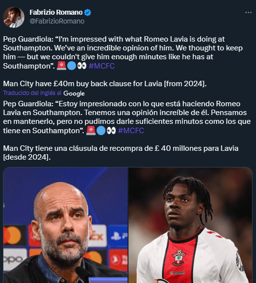 Guardiola y sus declaraciones sobre Roméo Lavia (Twitter @FabrizioRomano)