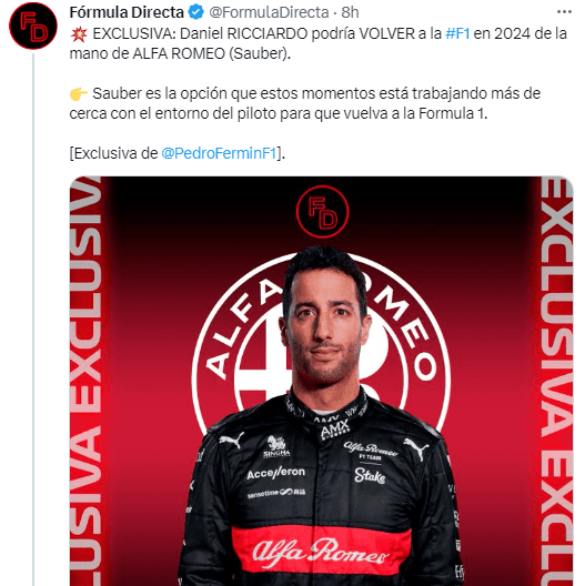 ¿Ricciardo vuelve en 2024? (Twitter @FormulaDirecta)