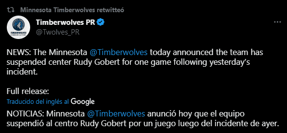 Decisión final sobre Rudy Gobert (Foto: Twitter / @Twolves_PR)