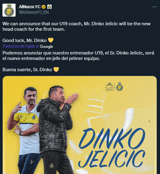 Dinko Jelicic fue anunciado como nuevo DT de Al Nassr (Twitter @AlNassrFC_EN)