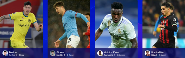 Alessandro Bastoni, John Stone, Vinícius Junior y Brahim Díaz, las figuras de los Cuartos de Final de ida de la Champions League. UEFA.com