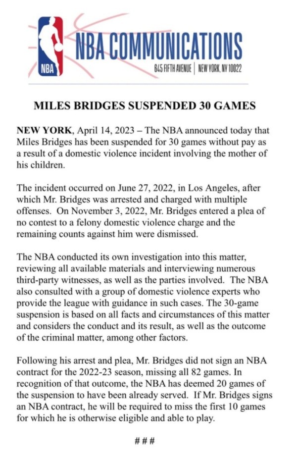 El comunicado oficial por sanción a Miles Bridges (@NBA)