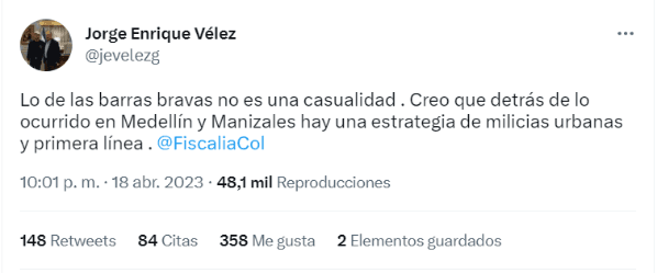 Jorge Enrique Vélez, en Twitter.