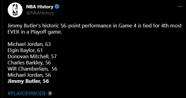 Jimmy Butler anotó 56 puntos en Playoffs (Foto: Twitter / @NBAHistory)