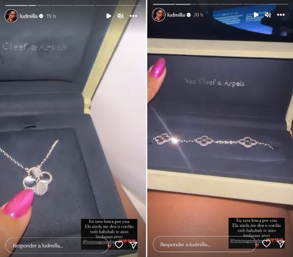 Brunna Gonçalves presenteia Ludmilla com joias de R$ 64 mil: “Louca por essa”. Imagens: Reprodução/Stories Instagram oficial da cantora.