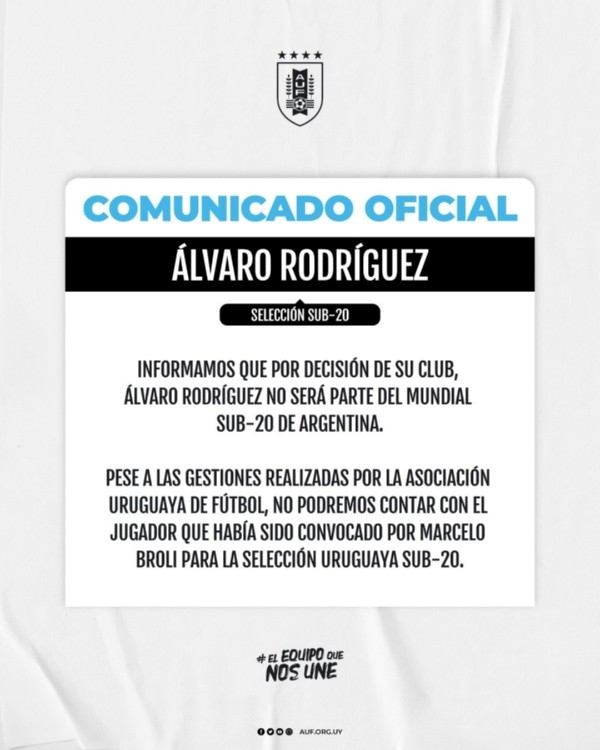 El comunicado con el que la AUF confirmó que no podrá contar con Álvaro Rodríguez. 
    Twitter AUF.