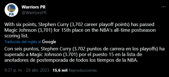 Curry supera a Magic Johnson (Foto: Twitter / @WarriorsPR)